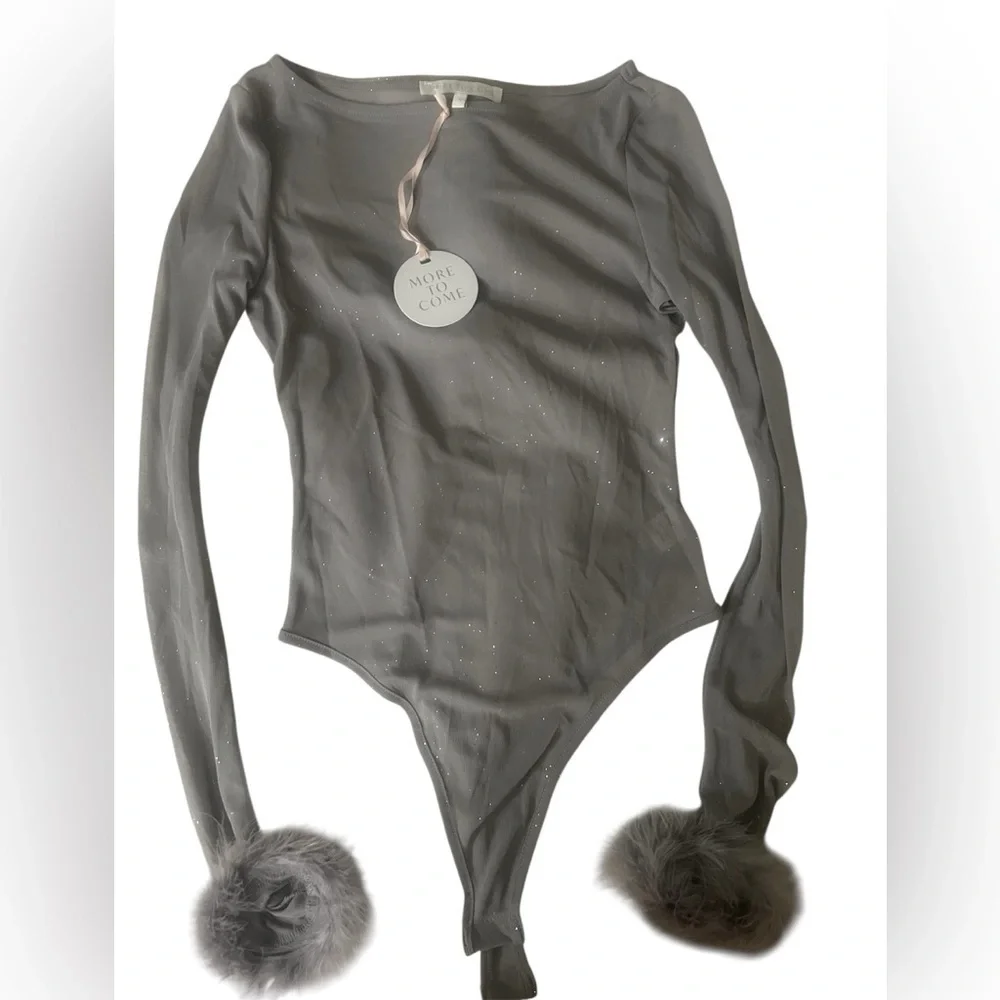 More to Come Grey Sparkle Mesh Feather Cuff Bodysuit - NWT - Size small - Picture 4 of 5